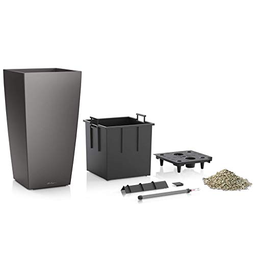 Lechuza CUBICO 22 Self Watering Planter Garden Flower Plant Pot Indoor/Outdoor Table Planter with Drainage Hole and Plant Substrate Poly Resin H41 L22 W22 cm Silver Metallic