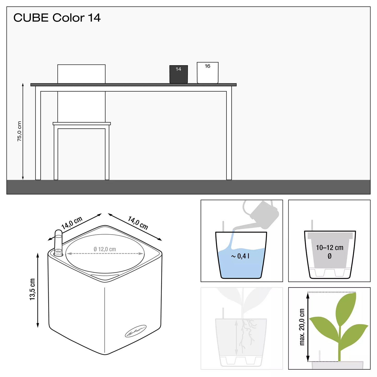 Lechuza 13380 Cube Cottage 14 Self-Watering Garden Planter for Indoor and Outdoor Use, 6" x 6" x 5", White