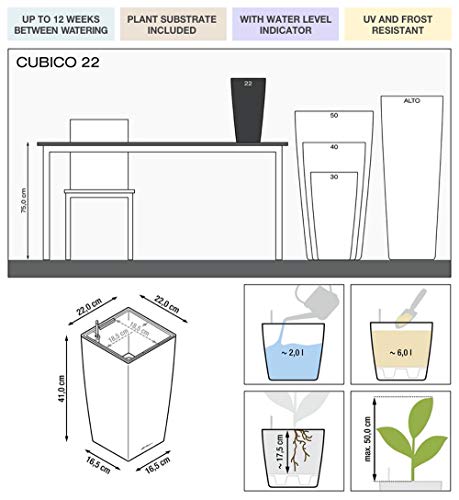 Lechuza 18469 CUBICO 22 Self Watering Planter Garden Flower Plant Pot Indoor/Outdoor Table Planter with Drainage Hole and Plant Substrate Poly Resin H41 L22 W22 cm Black High-Gloss