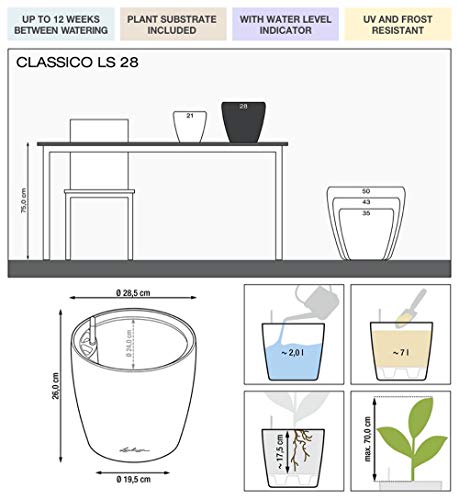 Lechuza Classico 28 LS Self Watering Planter Garden Flower Plant Pot Indoor/Outdoor Table Planter with Drainage Hole and Plant Substrate Poly Resin D28 H26 cm Charcoal Metallic