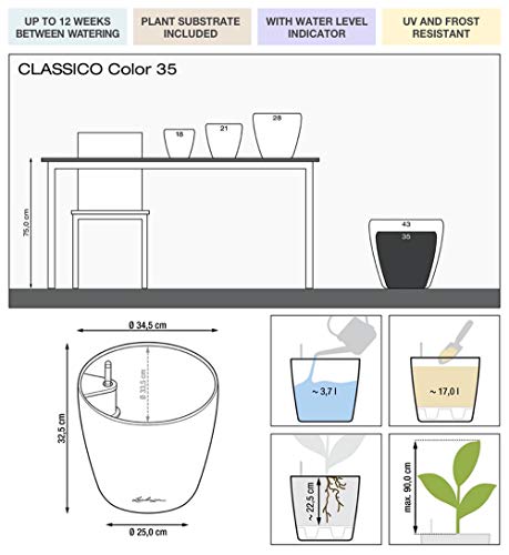 Lechuza 13224 Classico Color 35 Self-Watering Garden Planter for Indoor and Outdoor Use, 14" x 14" x 13", Slate Matte